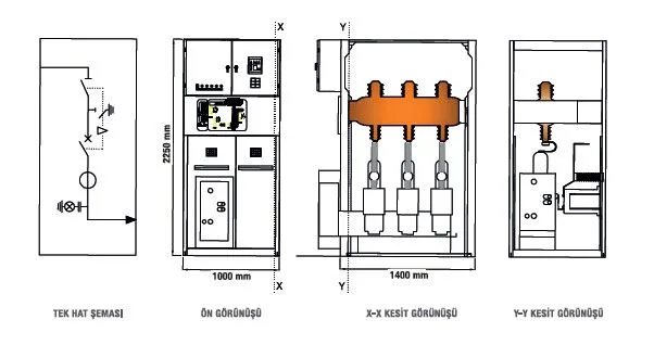 Kesicili Bara Bölme Hücresi (Yandan Çıkışlı) — Teknik Çizimler