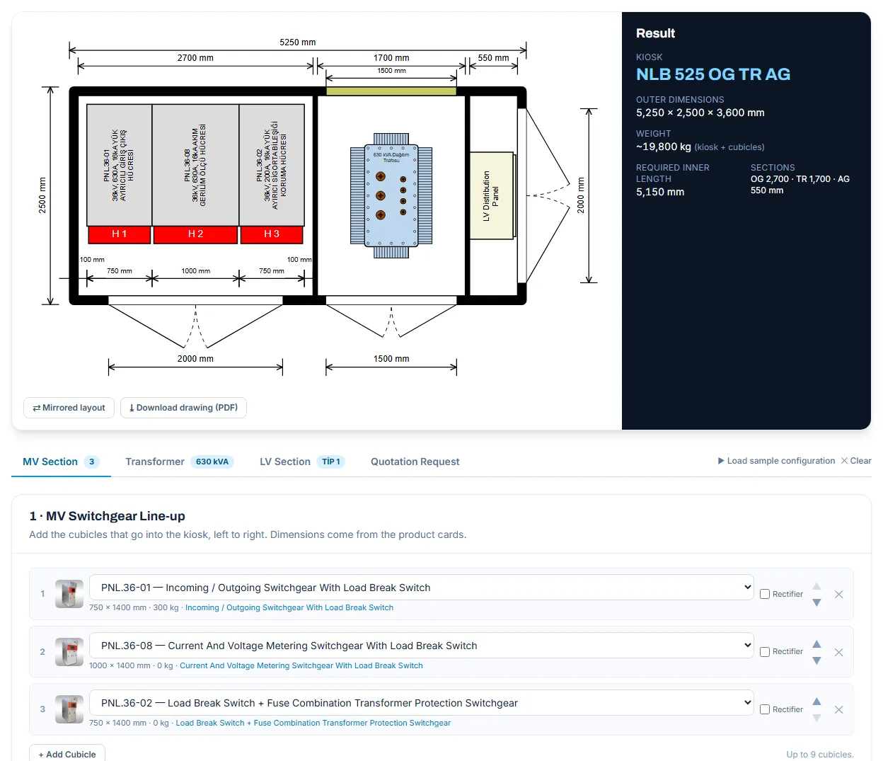 Kiosk configurator screenshot: layout drawing, calculated NLB kiosk and cubicle line-up