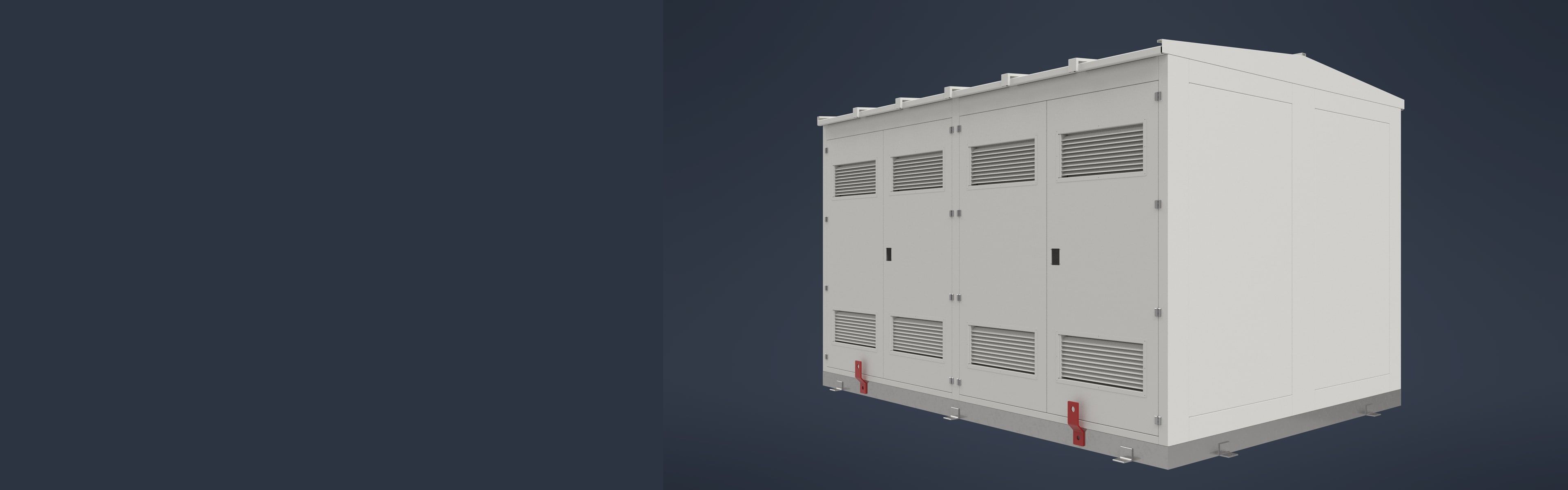 3D design rendering of a four-door sheet steel transformer kiosk with louvered ventilation